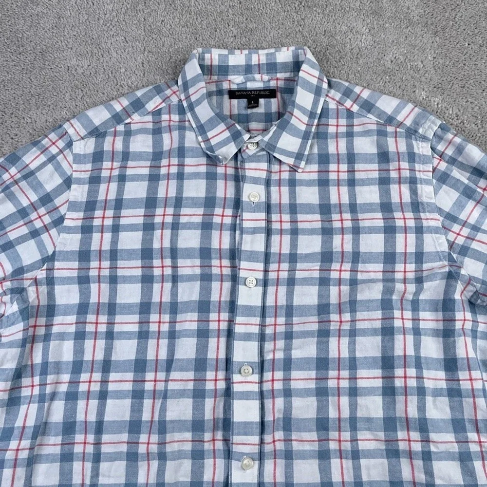 Banana Republic Mens Shirt Large Grey Red Checkered Linen Blend Coastal‎ Preppy